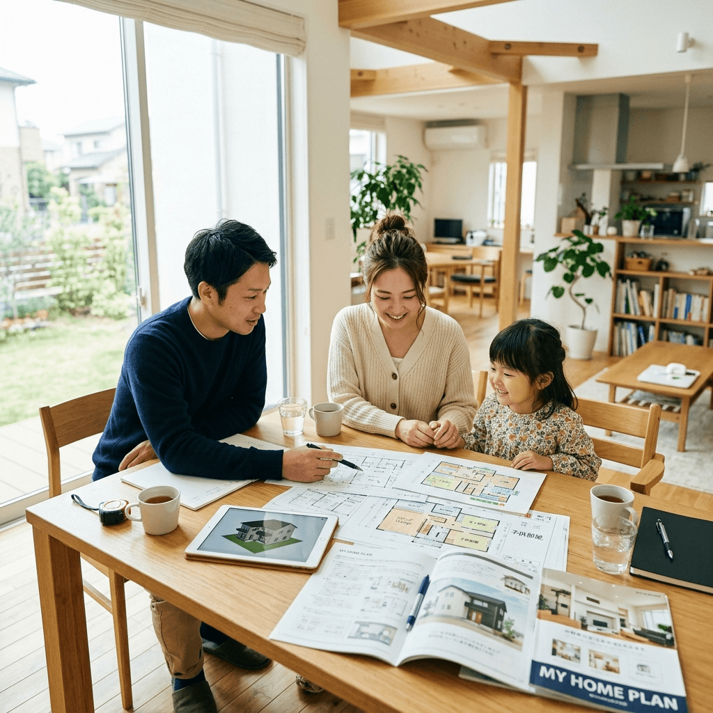 家族で住宅資料を確認する様子