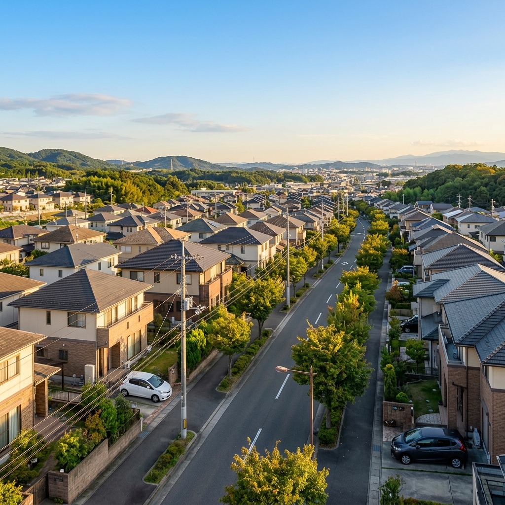愛知県春日井市の住宅街と丘陵地