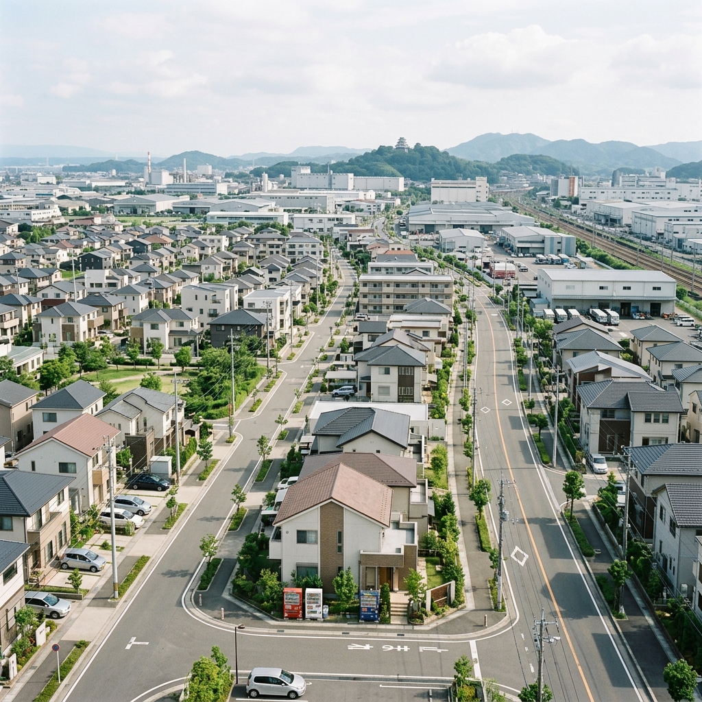 愛知県小牧市の住宅街と丘陵地