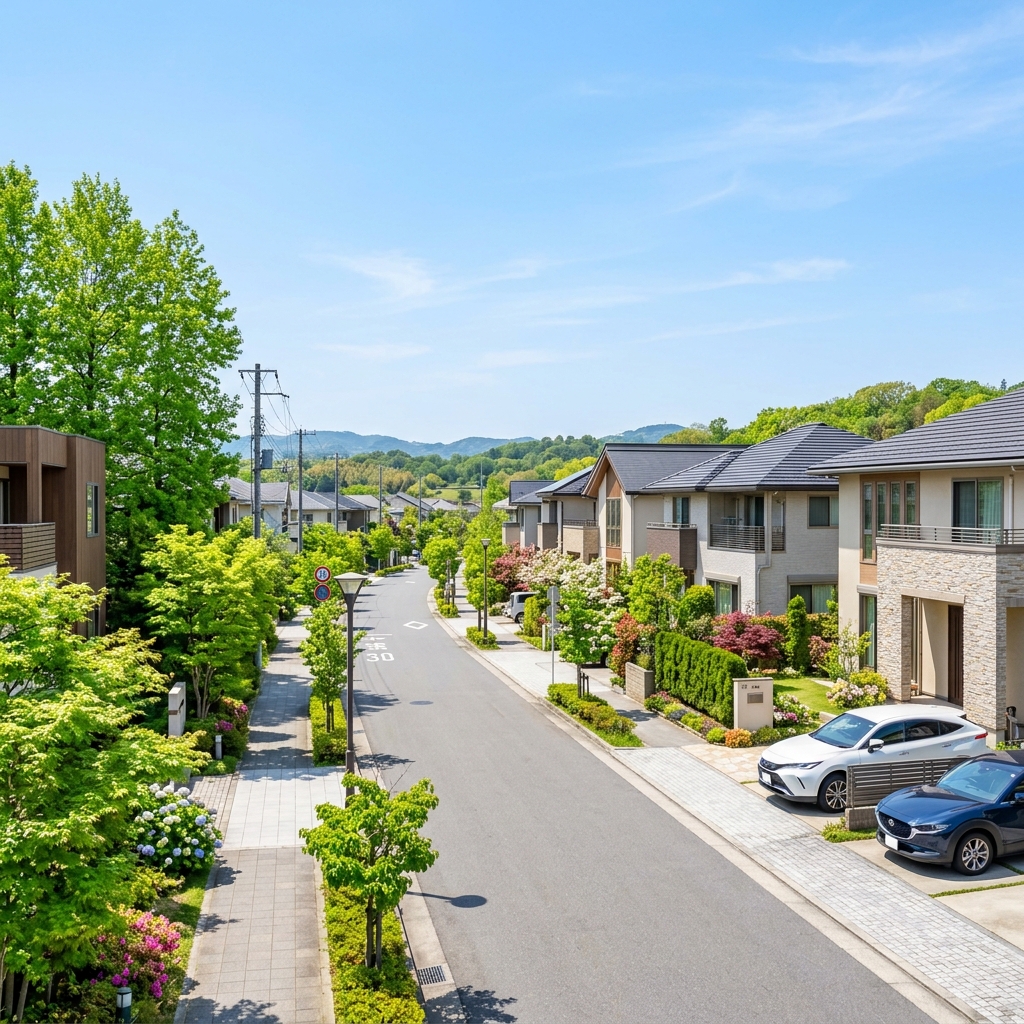 愛知県長久手市の住宅街と丘陵地