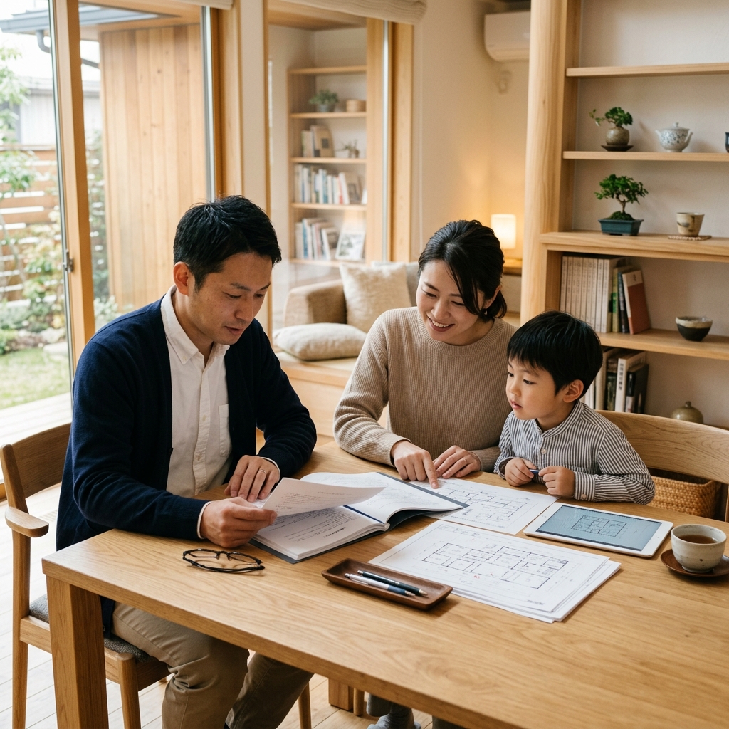 家族で住宅会社との契約前に書類を確認するイメージ